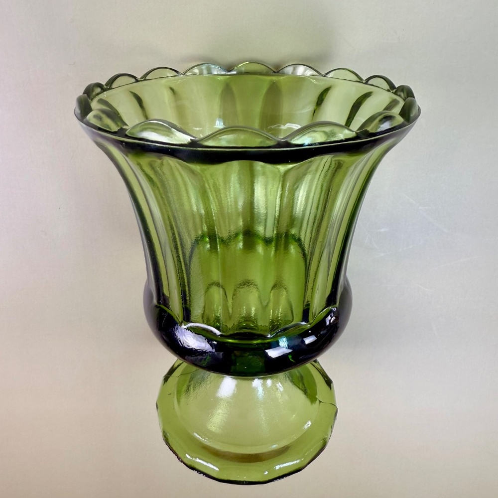 Vintage Avocado Green Pedestal Vase | Fluted Pressed Glass | Lenox Style - Picture 4 of 11